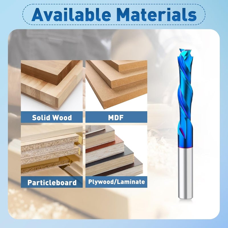 SILIVN CNC Router Bits End Mill for Wood Cut, Carving, Edge Trimming,1/4 Inch Shank Solid Carbide Flush with Nano Blue Coating, Set of 1Pcs Down Cut Bits+1Pcs Up Cut Bits+1Pcs Compression - Image 3